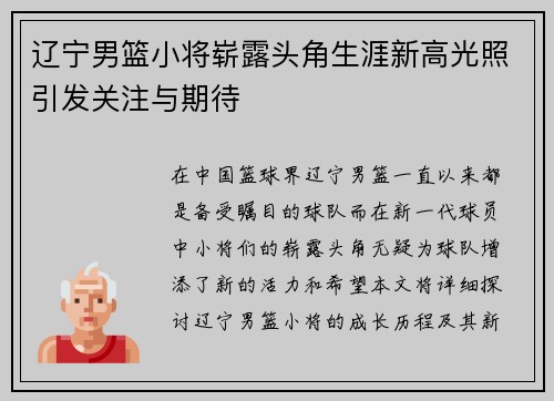 辽宁男篮小将崭露头角生涯新高光照引发关注与期待