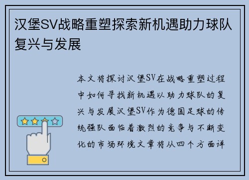 汉堡SV战略重塑探索新机遇助力球队复兴与发展