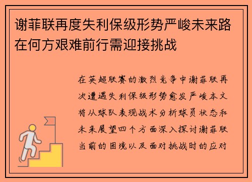 谢菲联再度失利保级形势严峻未来路在何方艰难前行需迎接挑战