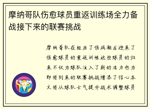 摩纳哥队伤愈球员重返训练场全力备战接下来的联赛挑战