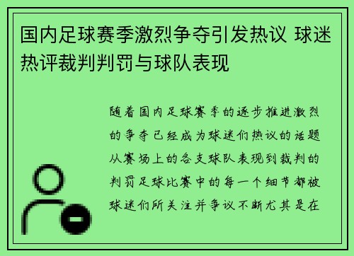 国内足球赛季激烈争夺引发热议 球迷热评裁判判罚与球队表现