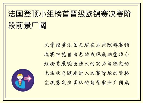 法国登顶小组榜首晋级欧锦赛决赛阶段前景广阔