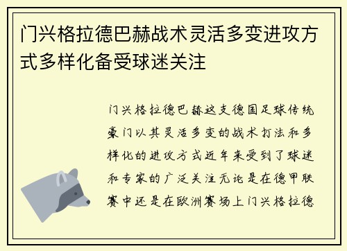 门兴格拉德巴赫战术灵活多变进攻方式多样化备受球迷关注