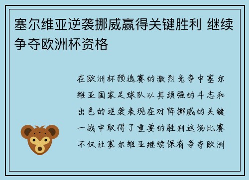 塞尔维亚逆袭挪威赢得关键胜利 继续争夺欧洲杯资格