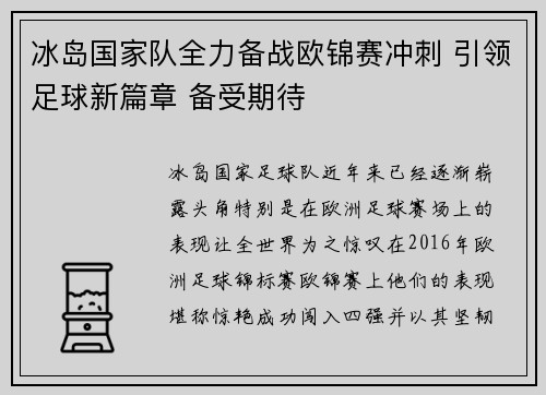 冰岛国家队全力备战欧锦赛冲刺 引领足球新篇章 备受期待