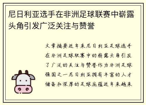 尼日利亚选手在非洲足球联赛中崭露头角引发广泛关注与赞誉