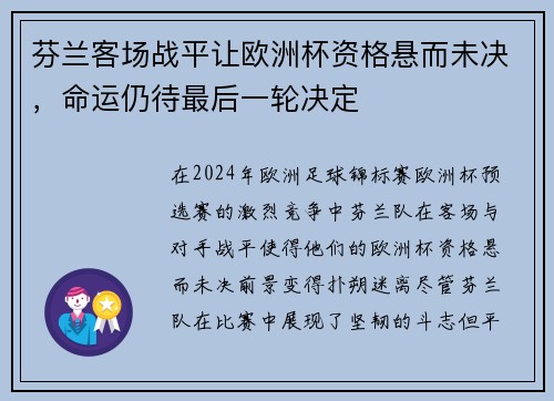 芬兰客场战平让欧洲杯资格悬而未决，命运仍待最后一轮决定