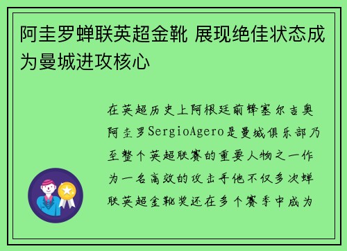 阿圭罗蝉联英超金靴 展现绝佳状态成为曼城进攻核心