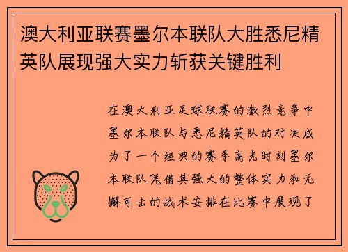 澳大利亚联赛墨尔本联队大胜悉尼精英队展现强大实力斩获关键胜利