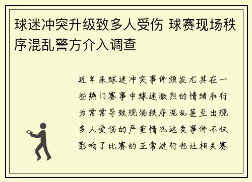 球迷冲突升级致多人受伤 球赛现场秩序混乱警方介入调查
